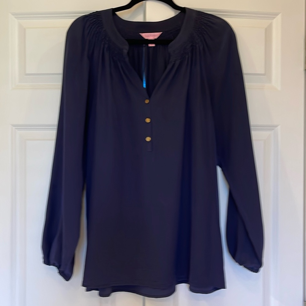 Lilly Pulitzer, long sleeved, silk, navy blue blouse, extra large